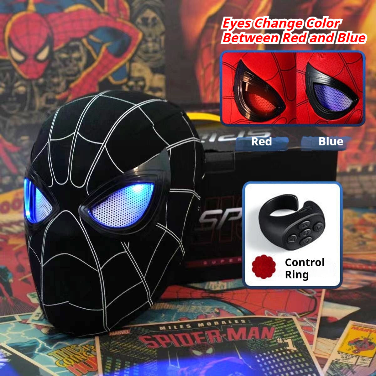 Superhero Cosplay Mask, Ring Remote Controlled Moving & LED Light-Up Eyes, Halloween Full Head Costume Helmet