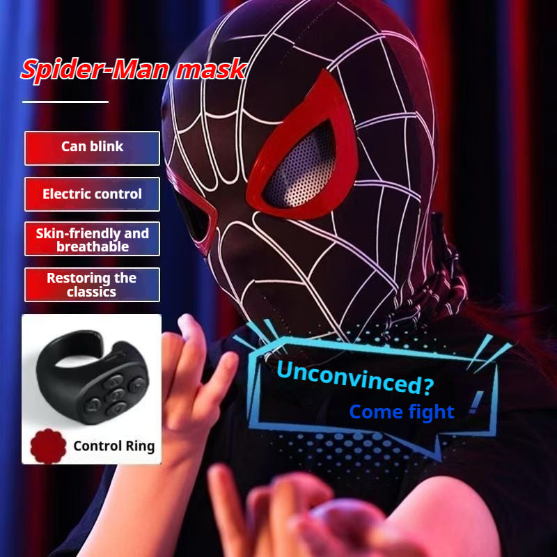 Superhero Cosplay Mask, Ring Remote Controlled Moving & LED Light-Up Eyes, Halloween Full Head Costume Helmet