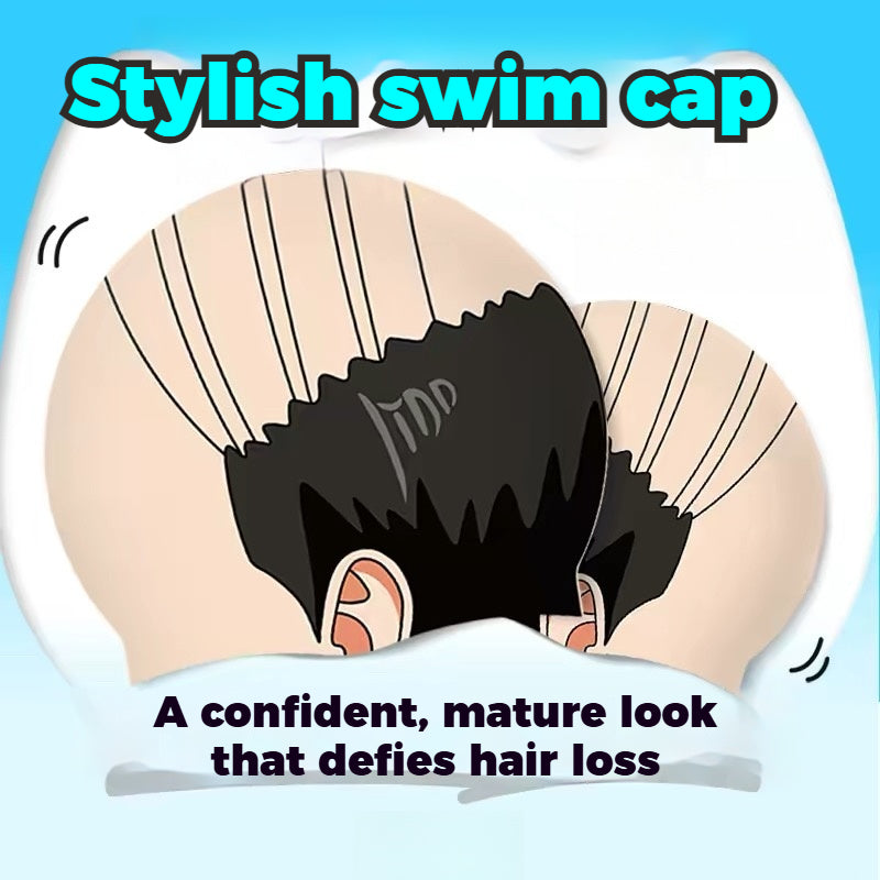 Funny Bald Head Silicone Swim Cap with Sparse Hair Strands | Unisex Adult Waterproof Novelty Swimming Hat for Pool Beach Party