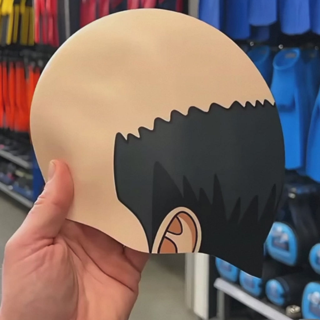 Funny Bald Head Silicone Swim Cap with Sparse Hair Strands | Unisex Adult Waterproof Novelty Swimming Hat for Pool Beach Party